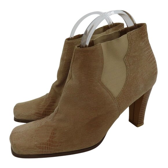 VTG Newport News Women 8 B Tan Leather Upper Square Ankle Boots Booties Boho - Picture 1 of 16